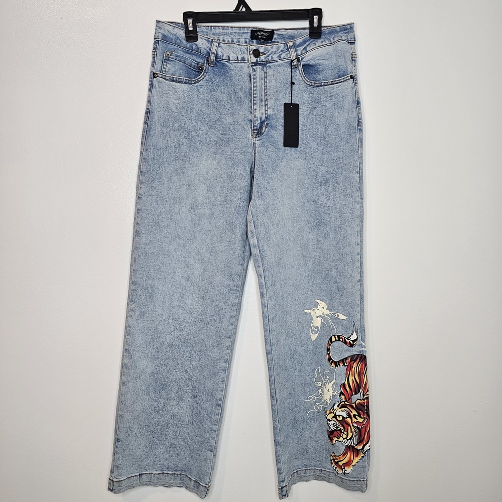 Ed Hardy Tiger Baggy Jeans Size 32 Wide Leg Baggy Fit Embroidered Denim Y2K